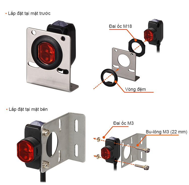 Lắp đặt tại mặt trước (đai ốc M18) hoặc lắp đặt tại mặt bên (ốc vít M3)